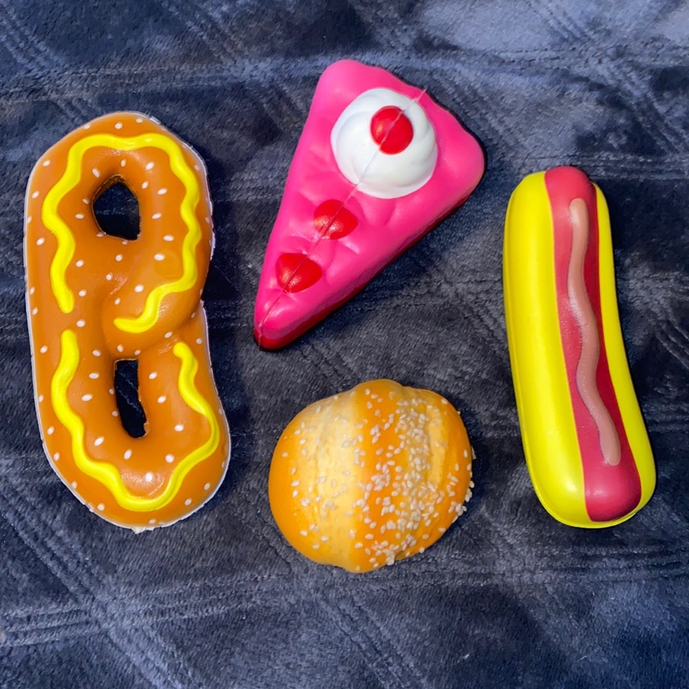 4-Pack of Food Squishies (Pretzel, cake, hotdog, and bread)